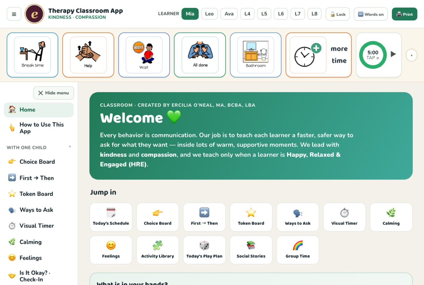 App home screen with quick-access tools and learner selection
