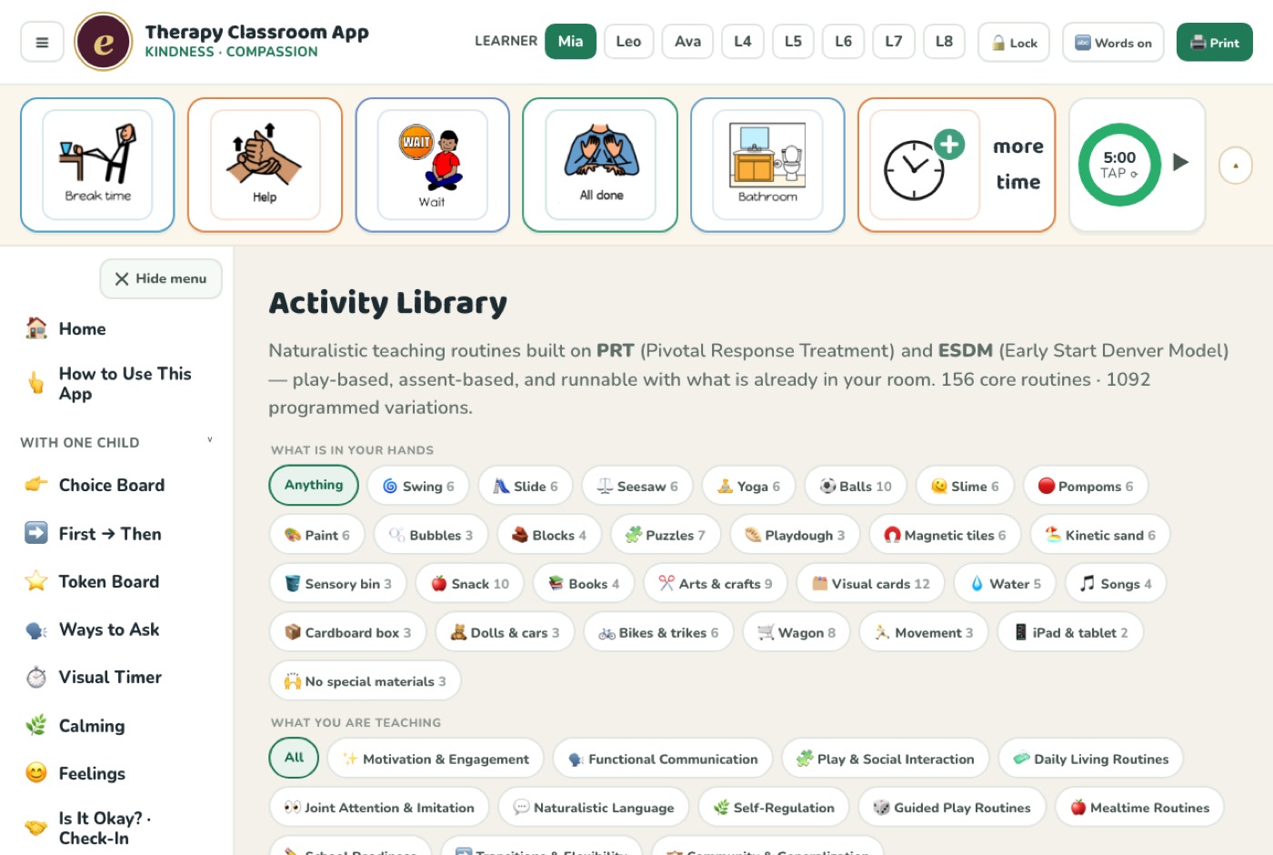 Filtering 156 activity routines by material, domain, and learner level