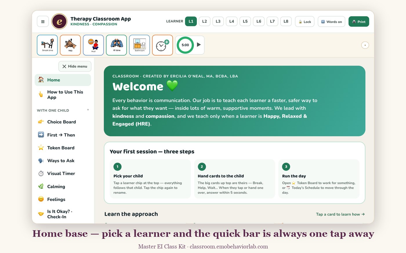 Home screen with learner buttons and the quick bar — break, help, wait, all done, bathroom, and a timer