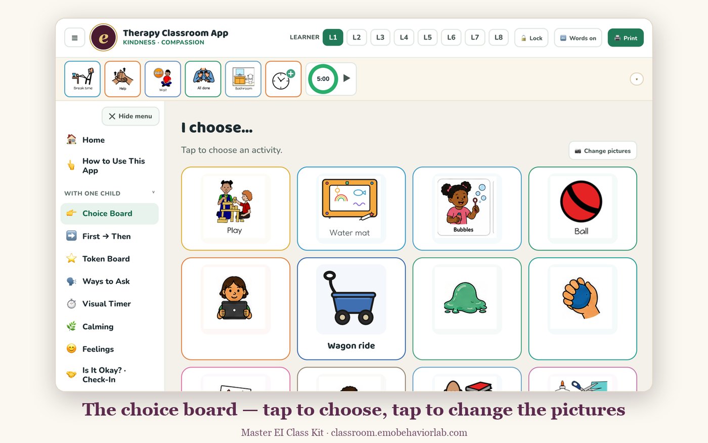 Choice board with picture tiles — play, water mat, bubbles, ball, wagon ride