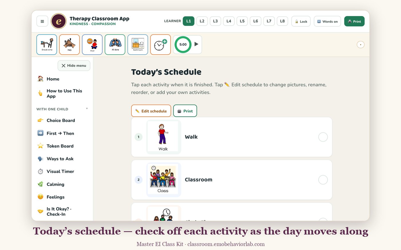 Today's schedule with pictures for each activity and a check-off circle