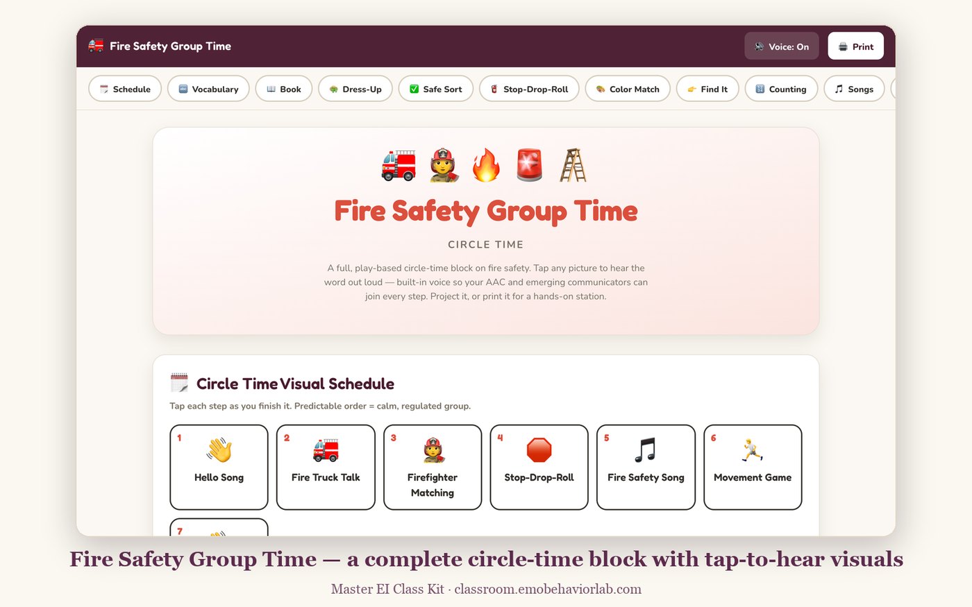 Fire Safety Group Time — a full circle-time block with visual schedule and tap-to-hear vocabulary