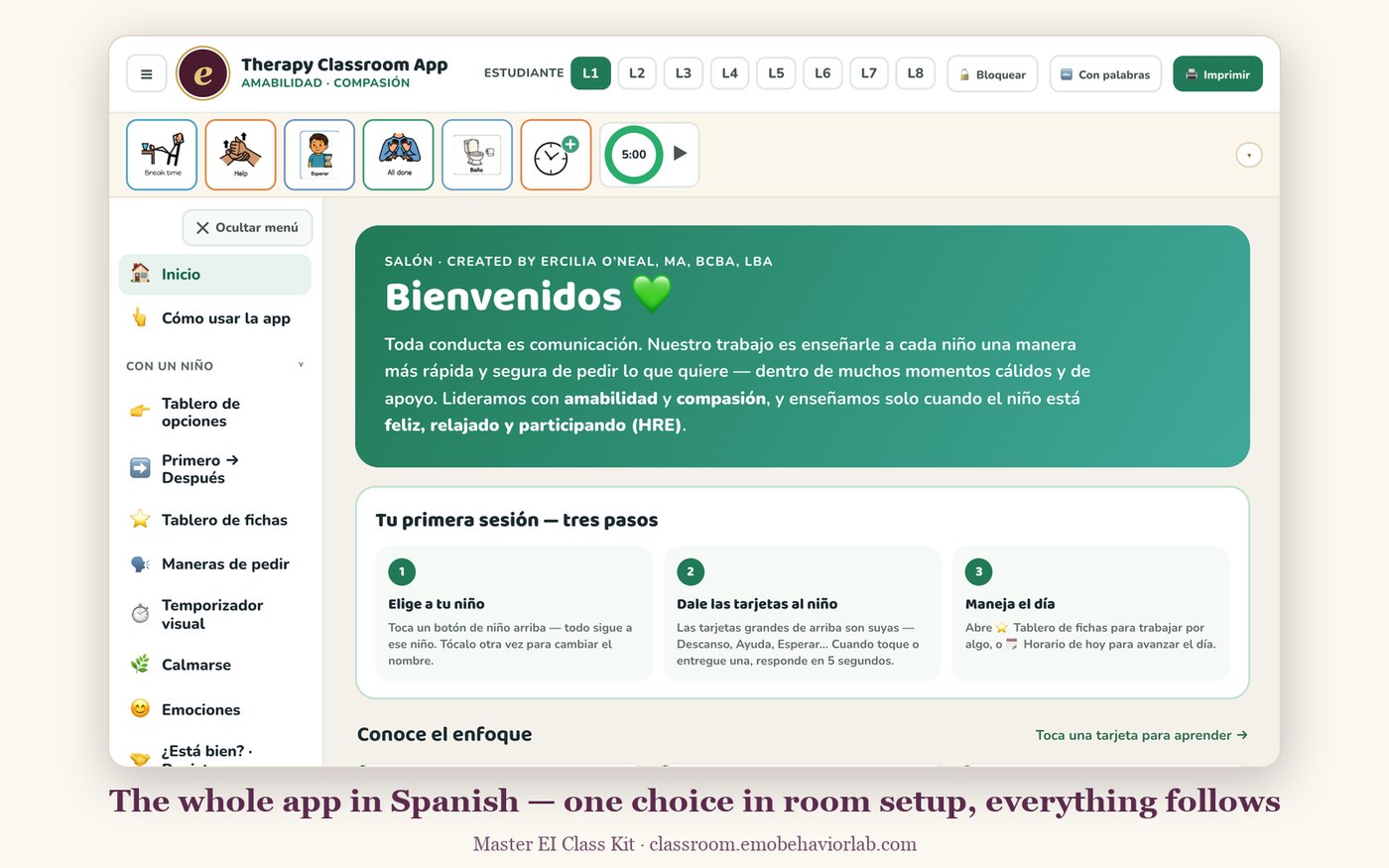 The whole interface in Spanish — Bienvenidos home screen with the menu in Español