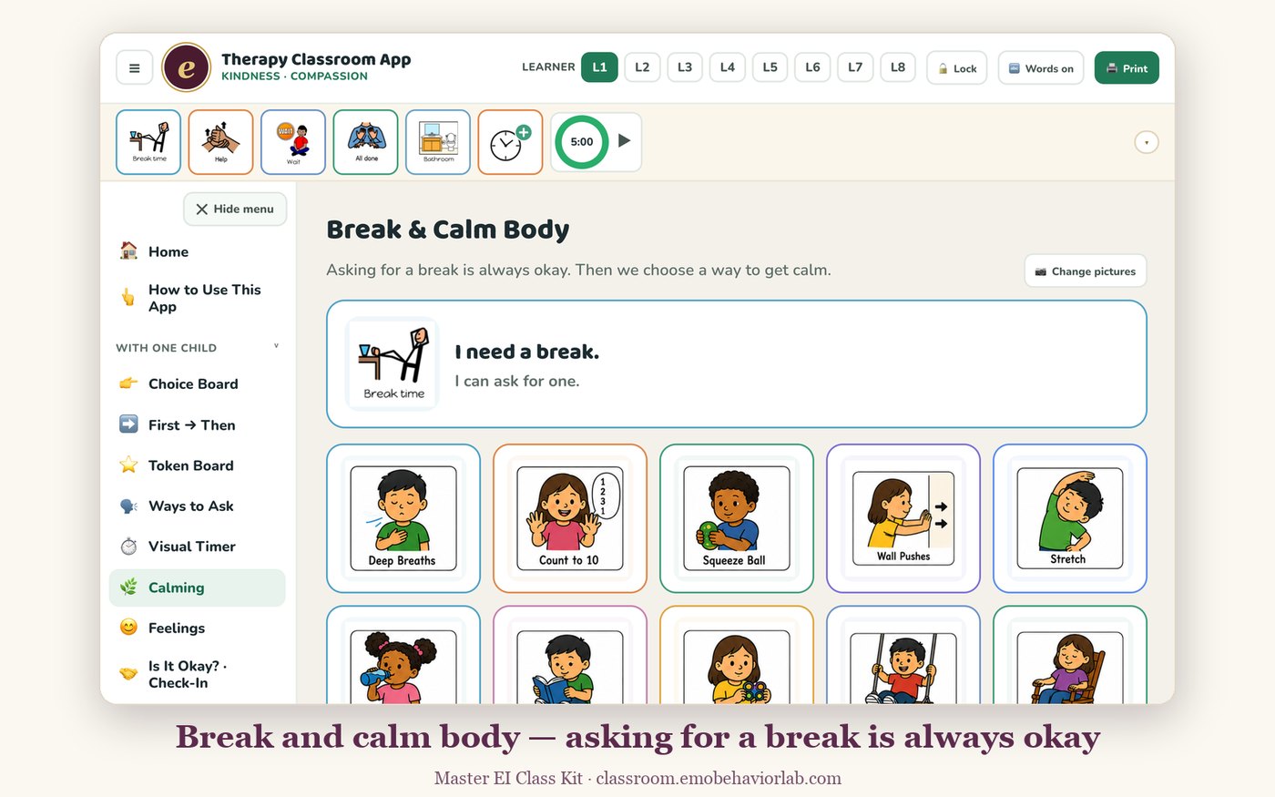 Break and calm body page — asking for a break plus calming strategy cards