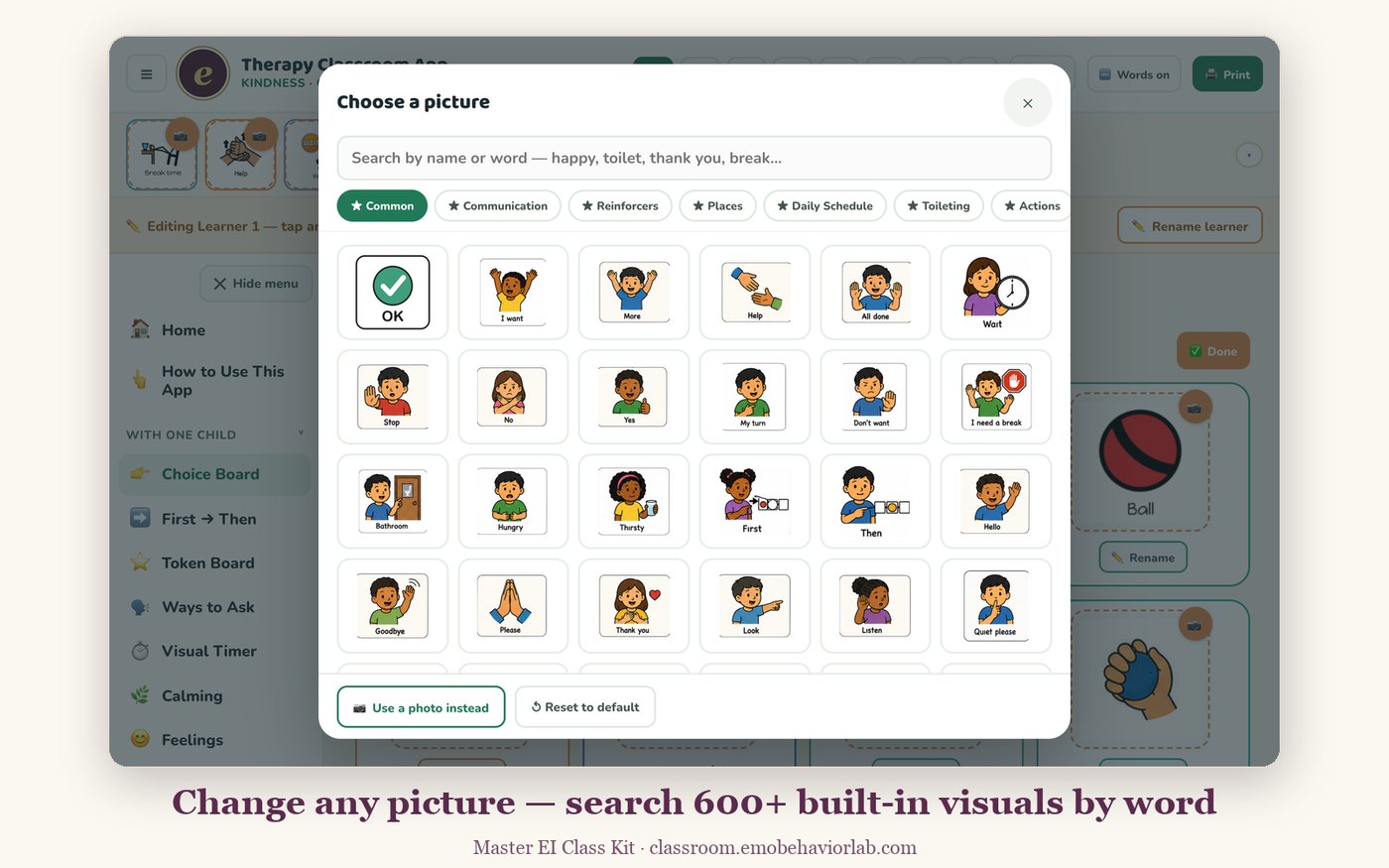 The picture picker open over the choice board — search the built-in visual library by word